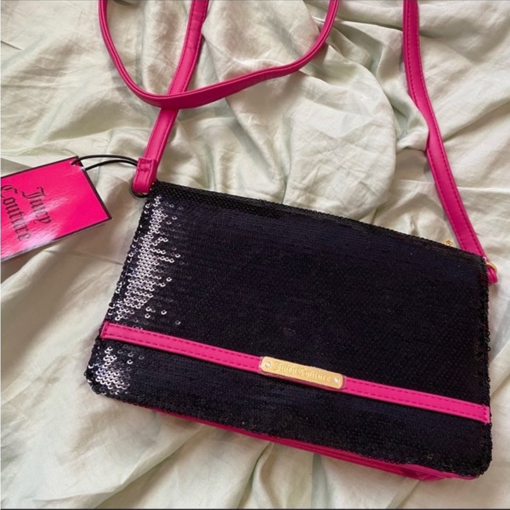 Juicy Couture Pink Faux Leather & Black Sequin Snap Crossbody Bag
